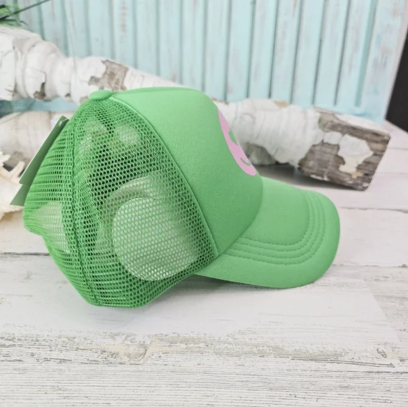 NWT Green Trucker Hat with Pink Smiley Face - Picture 3 of 5